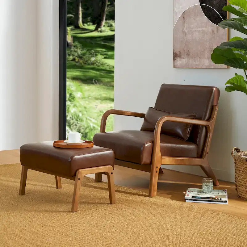 Glitzhome 30.75H Mid-Century PU Leather Armchair with Ottoman Set