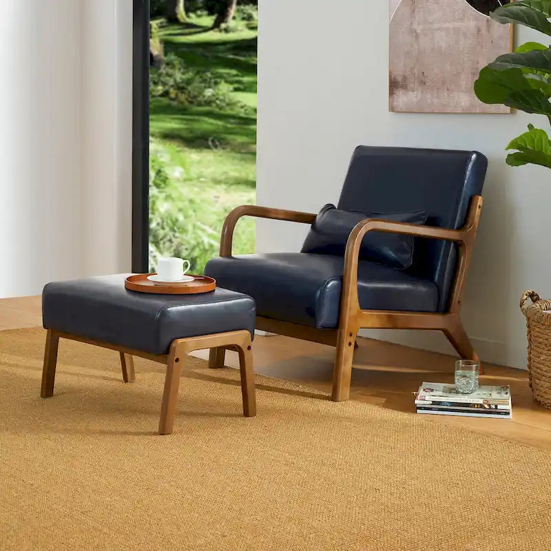 Glitzhome 30.75H Mid-Century PU Leather Armchair with Ottoman Set