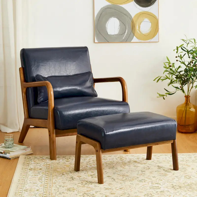 Glitzhome 30.75H Mid-Century PU Leather Armchair with Ottoman Set