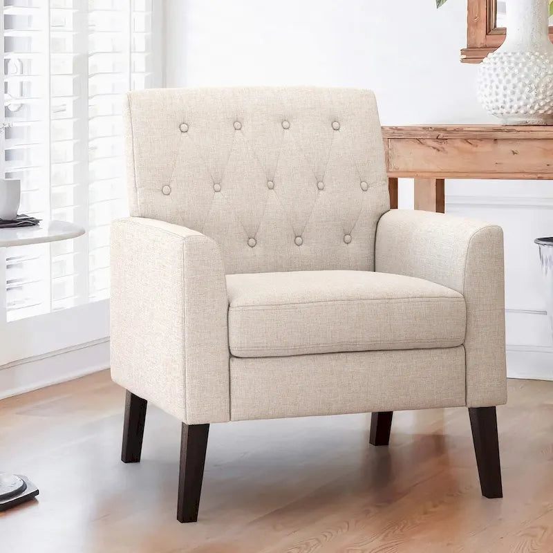 Sillón decorativo tapizado de tela de lino moderno de mediados de siglo con capitoné de botones LUE BONA - 28.5 W X 27.25 D X 33.75 H