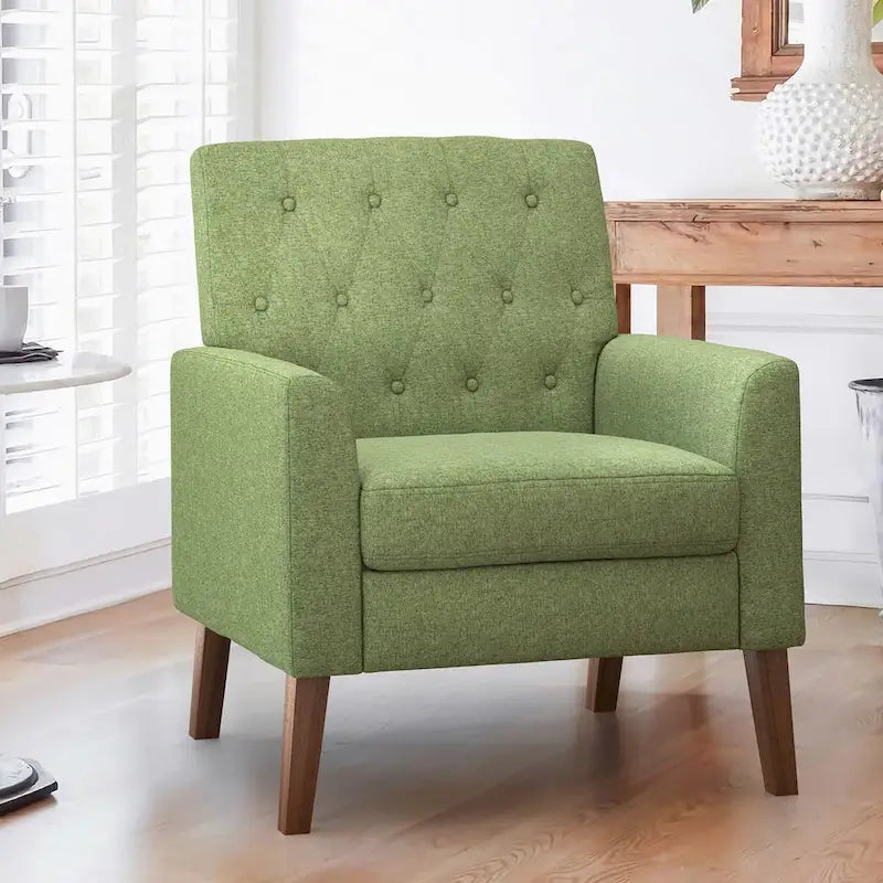 LUE BONA Mid-Century Modern Upholstered Linen Fabric Button Tufted Accent Chair - 28.5 W X 27.25 D X 33.75 H