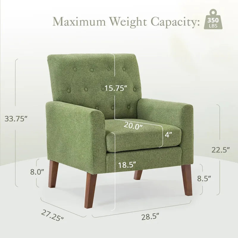 LUE BONA Mid-Century Modern Upholstered Linen Fabric Button Tufted Accent Chair - 28.5 W X 27.25 D X 33.75 H