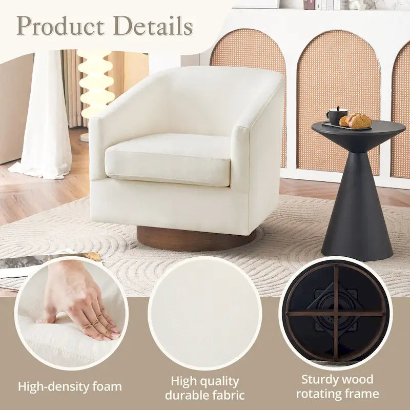 Poltrona d'accento moderna imbottita in tessuto, girevole a 360°, a botte, set da 2, con struttura in legno