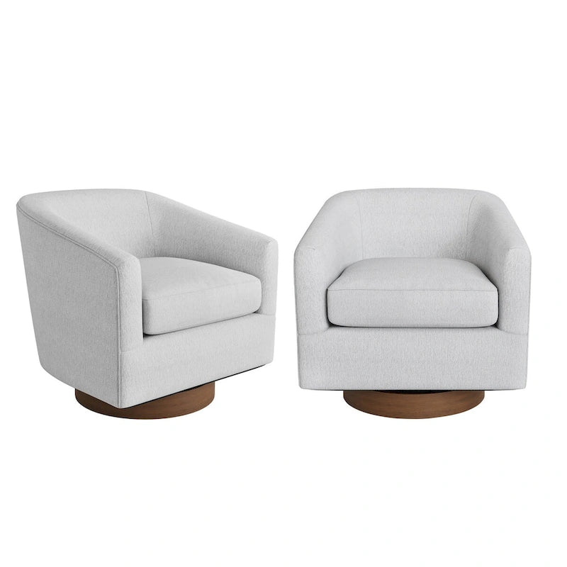 Poltrona d'accento moderna imbottita in tessuto, girevole a 360°, a botte, set da 2, con struttura in legno