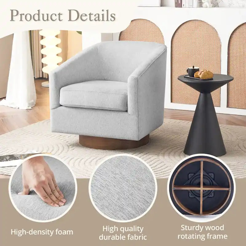 Poltrona d'accento moderna imbottita in tessuto, girevole a 360°, a botte, set da 2, con struttura in legno