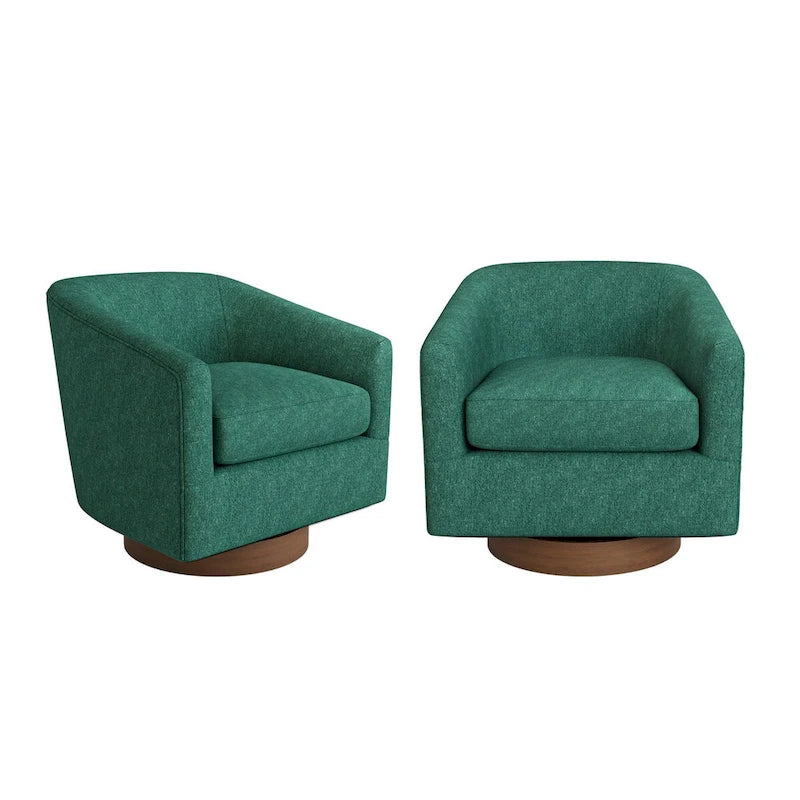 Poltrona d'accento moderna imbottita in tessuto, girevole a 360°, a botte, set da 2, con struttura in legno