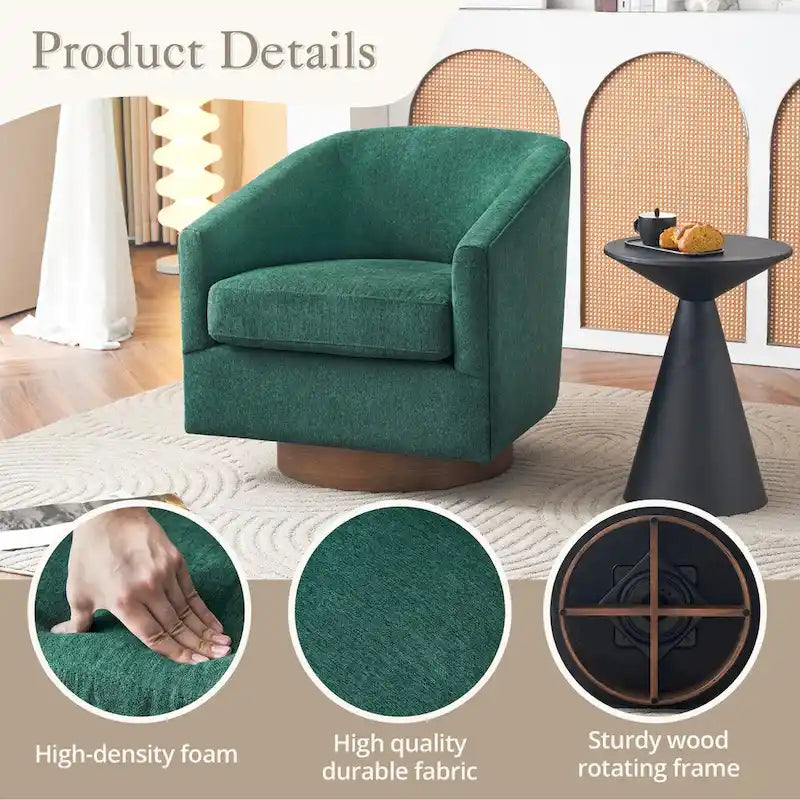 Poltrona d'accento moderna imbottita in tessuto, girevole a 360°, a botte, set da 2, con struttura in legno