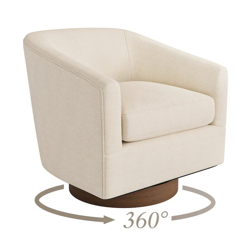Poltrona d'accento moderna imbottita in tessuto, girevole a 360°, a botte, set da 2, con struttura in legno