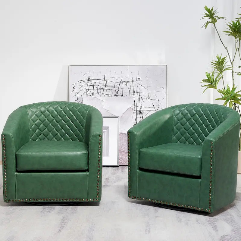 KINWELL 29 Wide Tufted PU Leather Swivel Barrel Chair (Set of 2)