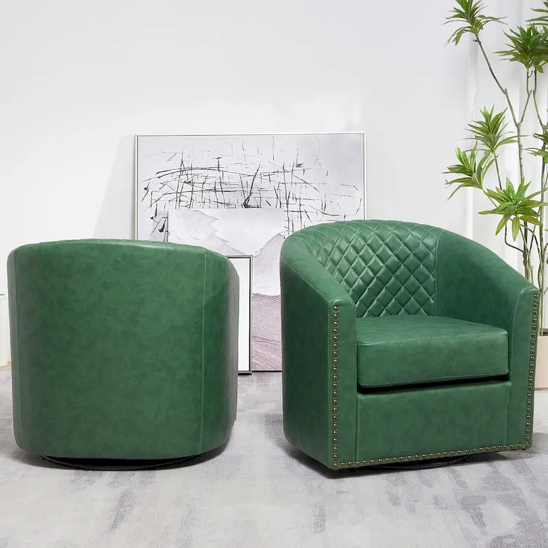 KINWELL 29 Wide Tufted PU Leather Swivel Barrel Chair (Set of 2)