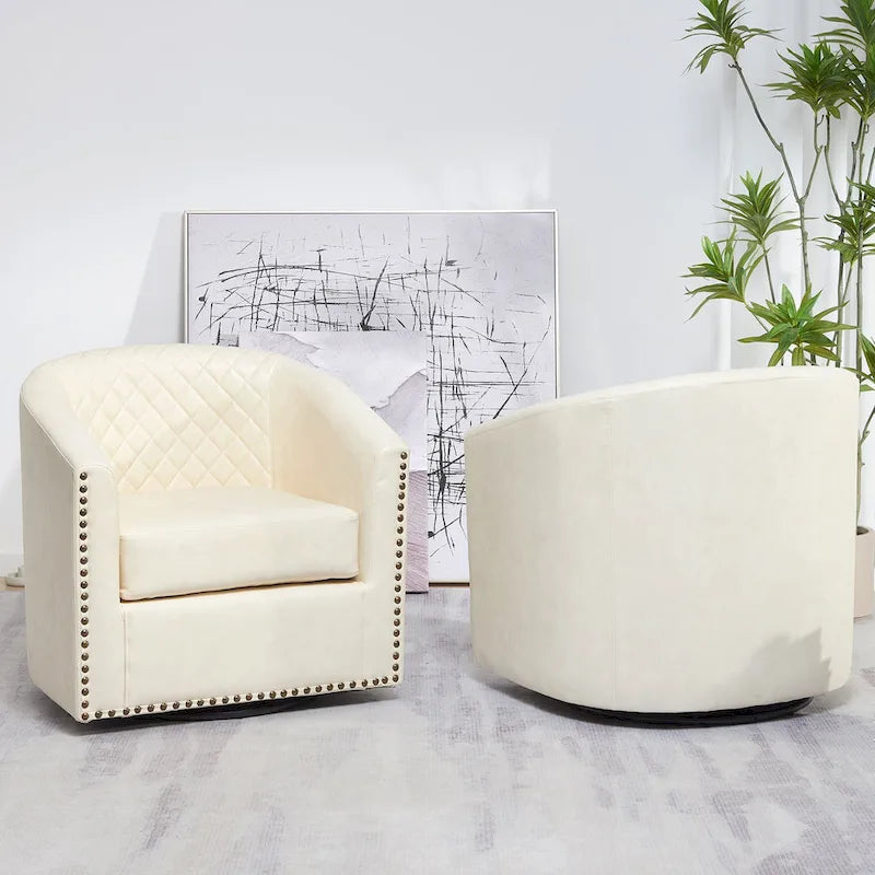 KINWELL 29 Wide Tufted PU Leather Swivel Barrel Chair (Set of 2)