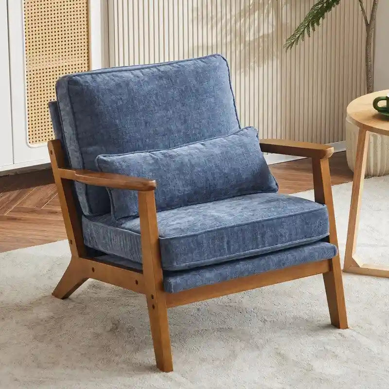 Sillón decorativo tapizado en mezcla de lino, con patas de madera y una almohada, beige