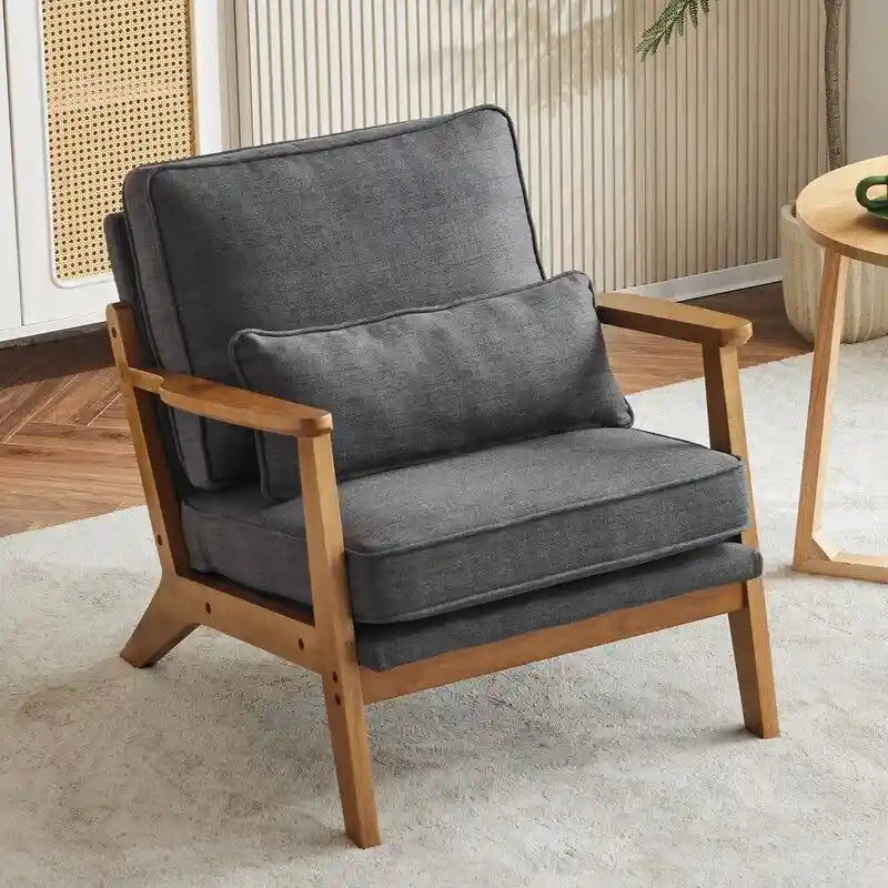 Sillón decorativo tapizado en mezcla de lino, con patas de madera y una almohada, beige