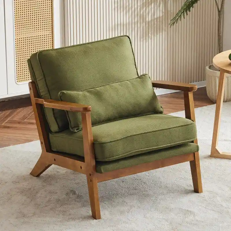 Sillón decorativo tapizado en mezcla de lino, con patas de madera y una almohada, beige