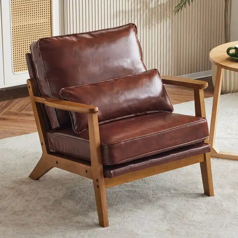 Sillón decorativo tapizado en mezcla de lino, con patas de madera y una almohada, beige