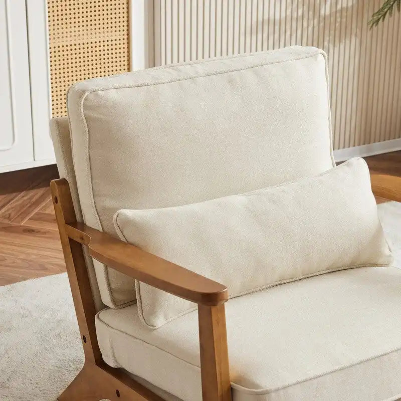Upholstered Linen Blend Accent Chair with Wooden Legs and One Pillow Beige