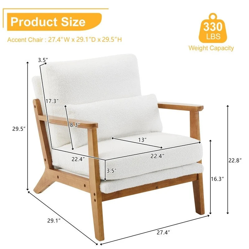 Upholstered Linen Blend Accent Chair with Wooden Legs and One Pillow Beige