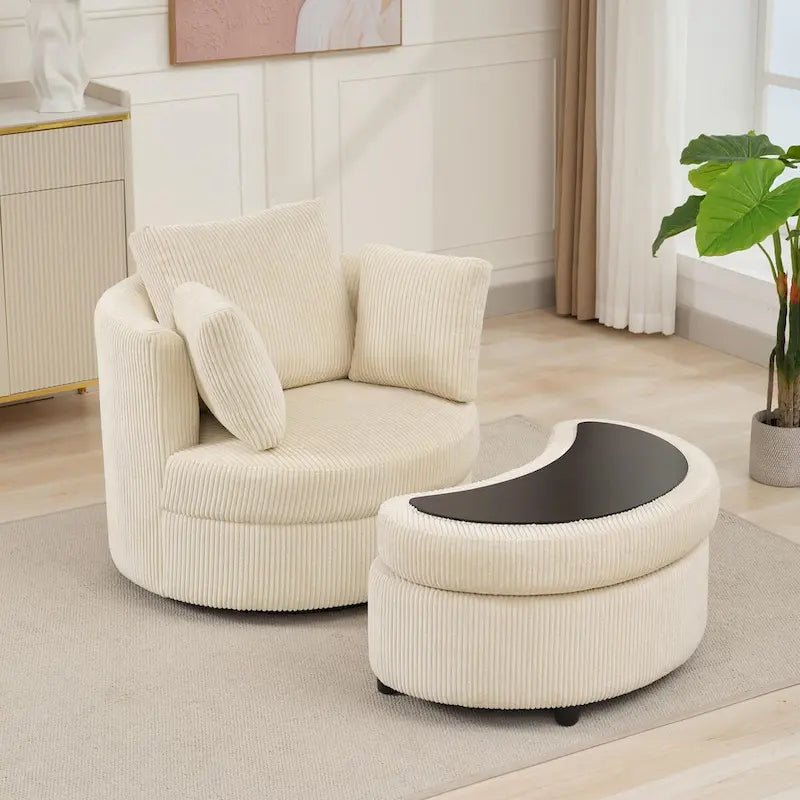 Corduroy Accent Chair, Barrel Chair with Ottoman and Back Cushions for Living Room