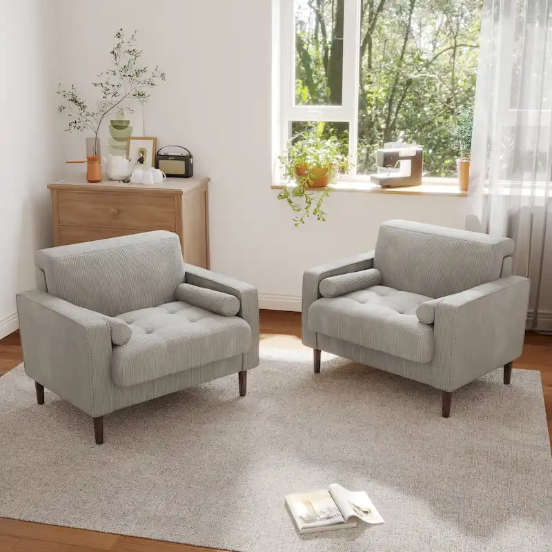 Set van 2 extra brede accentstoelen van ribfluweel met houten poten