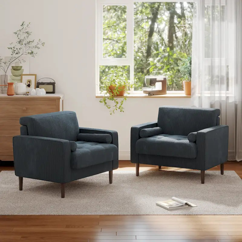 Set van 2 extra brede accentstoelen van ribfluweel met houten poten