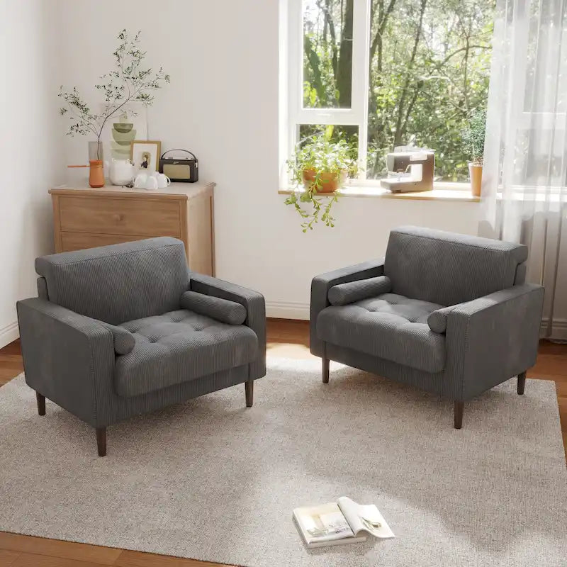 Set van 2 extra brede accentstoelen van ribfluweel met houten poten