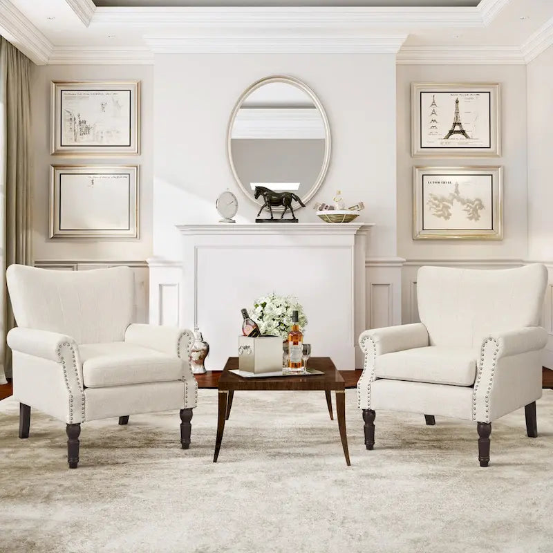 COZYMAN Modern Armchair Solid Wood Upholstered Fabric/Faux Leather Set of 2 Accent Chairs for Living Room