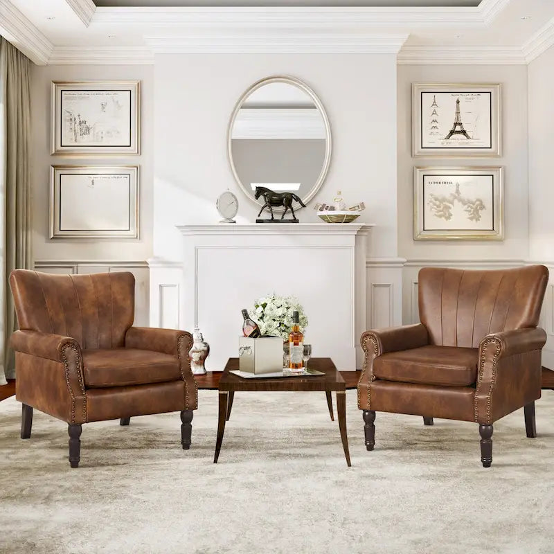 COZYMAN Modern Armchair Solid Wood Upholstered Fabric/Faux Leather Set of 2 Accent Chairs for Living Room