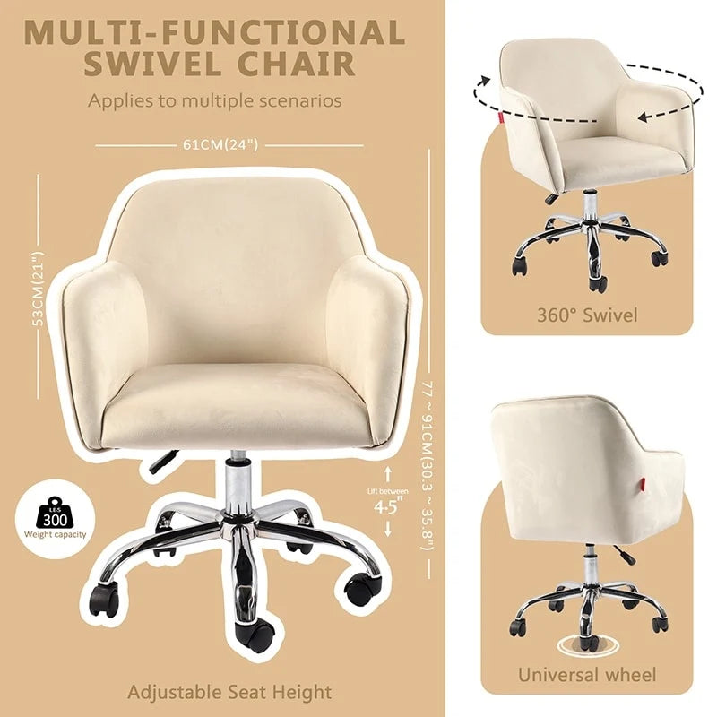 VANITII Akzentsessel, drehbarer Schminktischstuhl und Bürostuhl mit Rollen, modern, höhenverstellbar, Rosa/Grau/Weiß