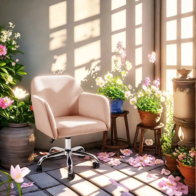 VANITII Akzentsessel, drehbarer Schminktischstuhl und Bürostuhl mit Rollen, modern, höhenverstellbar, Rosa/Grau/Weiß