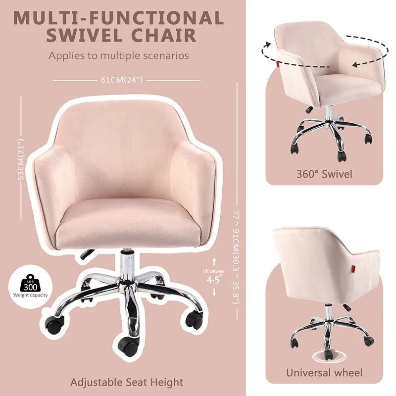 VANITII Akzentsessel, drehbarer Schminktischstuhl und Bürostuhl mit Rollen, modern, höhenverstellbar, Rosa/Grau/Weiß