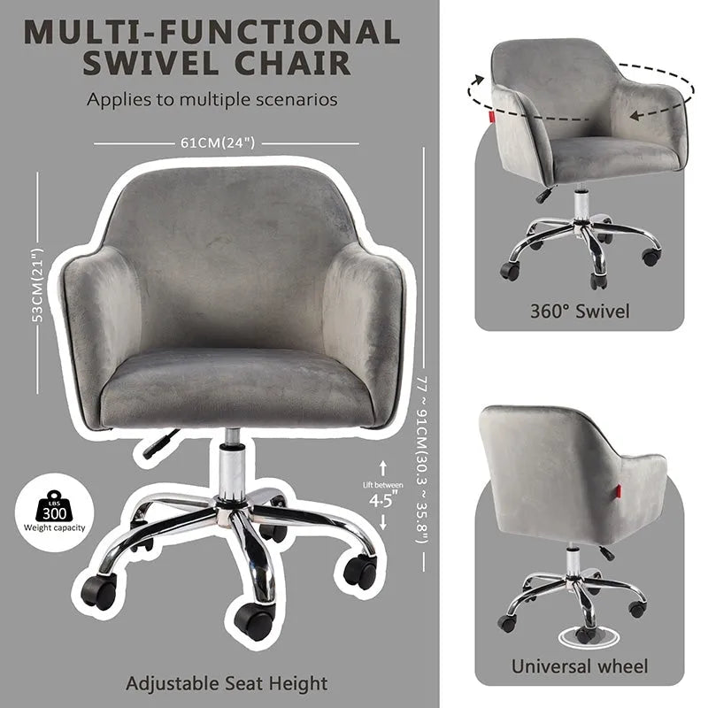 VANITII Akzentsessel, drehbarer Schminktischstuhl und Bürostuhl mit Rollen, modern, höhenverstellbar, Rosa/Grau/Weiß