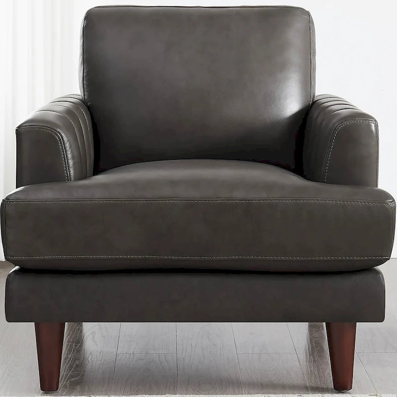 Poltrona in pelle pieno fiore Ivy Living Cassia con imbottitura in piume, memory foam e molle