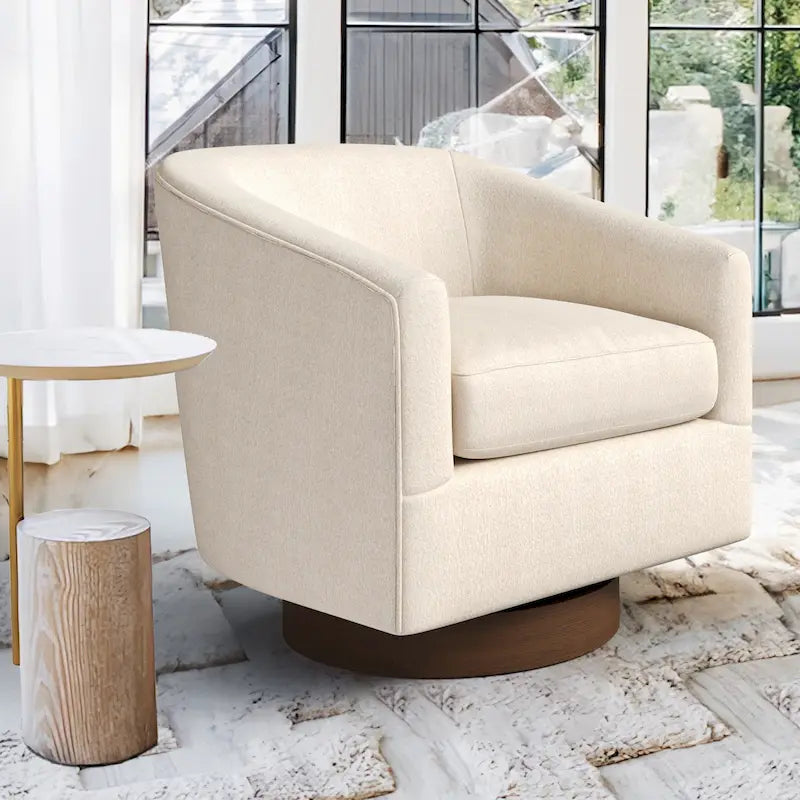 Sillón decorativo giratorio moderno LUE BONA para sala de estar, tapizado, estilo barril y con estructura de madera