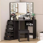 Corner Vanity Desk Set with 3-Folding Lighted Mirrors, Makeup Vanity Table with Charging Station