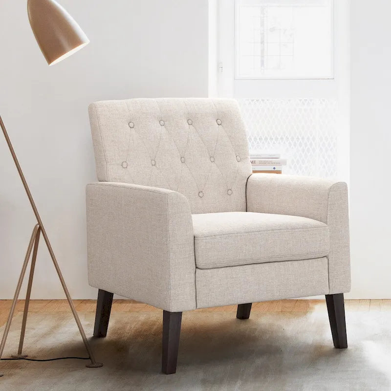 LUE BONA silla decorativa moderna de mediados de siglo de lino, con patas de nogal y capitoné con botones - 29.53 de alto x 30 de ancho x 33.07 de fondo
