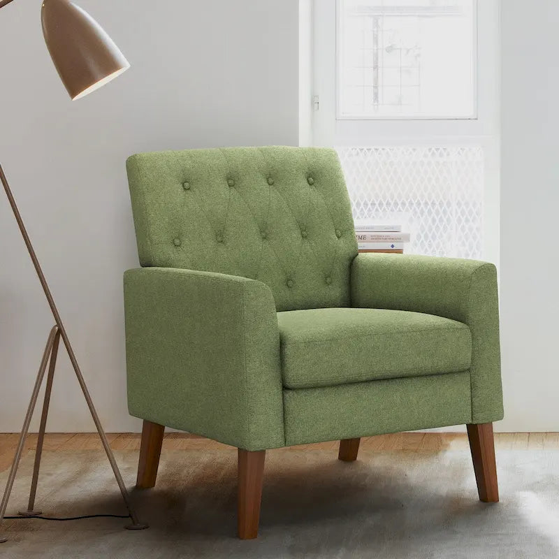 LUE BONA silla decorativa moderna de mediados de siglo de lino, con patas de nogal y capitoné con botones - 29.53 de alto x 30 de ancho x 33.07 de fondo