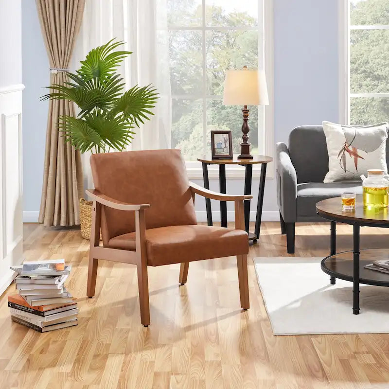 Yaheetech gestoffeerde bouclé-accentstoel, fauteuil met poten van massief hout - 24.5 L  28 W  29 H