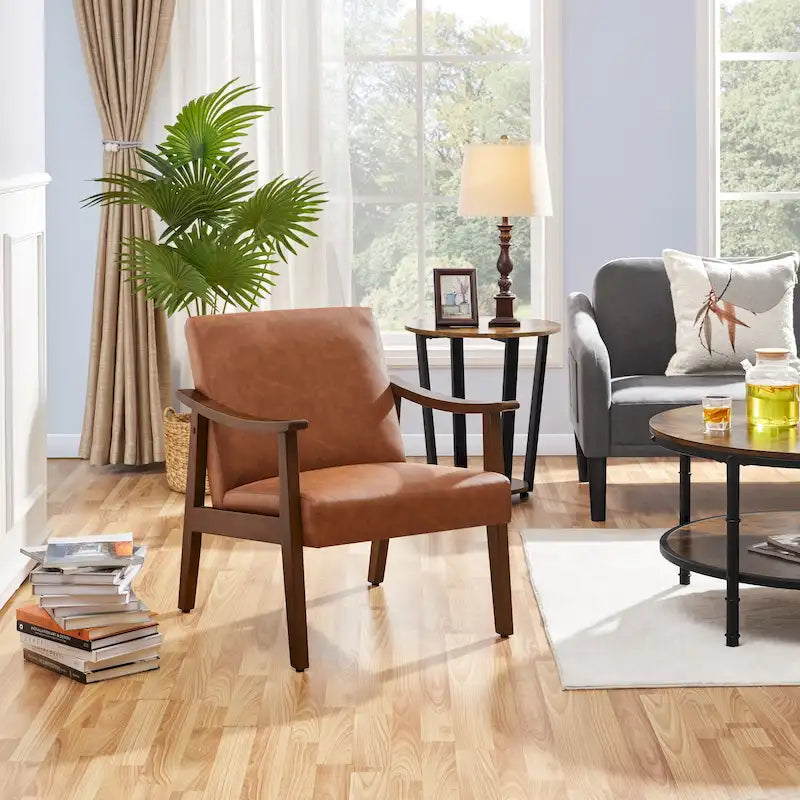 Yaheetech gestoffeerde bouclé-accentstoel, fauteuil met poten van massief hout - 24.5 L  28 W  29 H