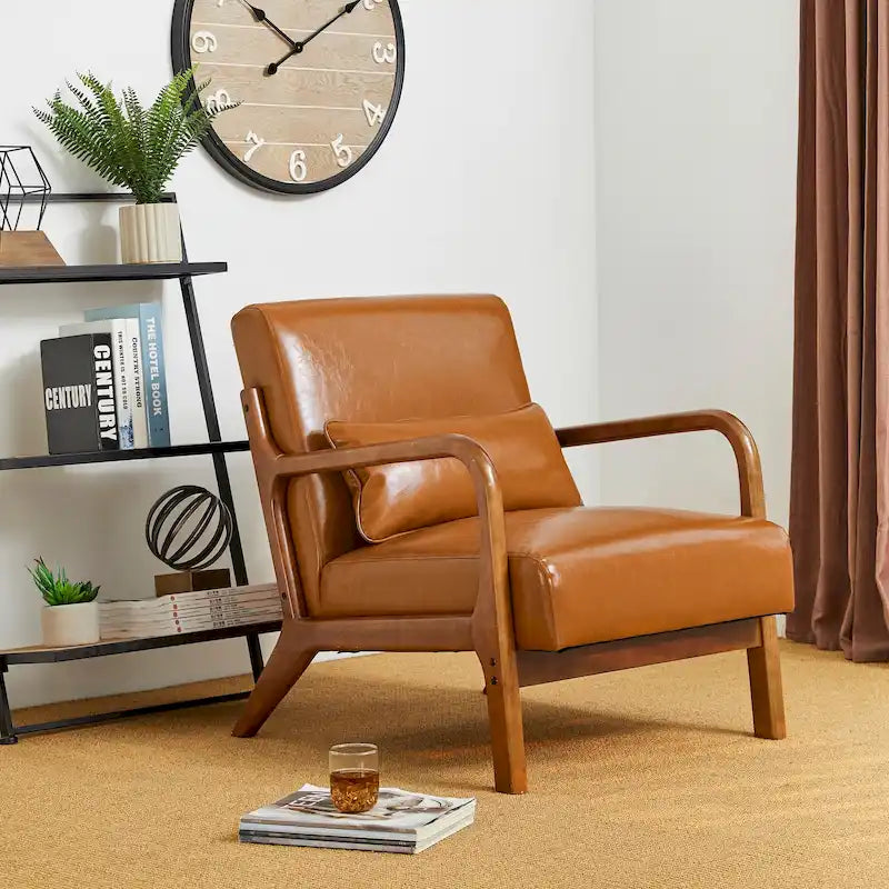 Glitzhome Polstersessel im Mid-Century-Modern-Stil aus PU-Leder mit Kissen – 25.75W x 33.75D x 30.75H