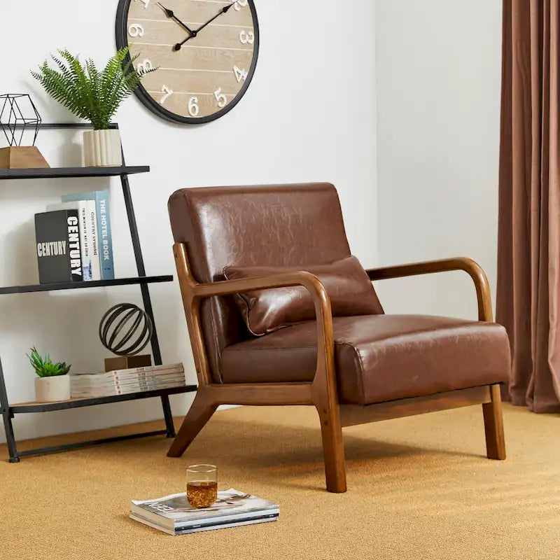 Glitzhome Polstersessel im Mid-Century-Modern-Stil aus PU-Leder mit Kissen – 25.75W x 33.75D x 30.75H