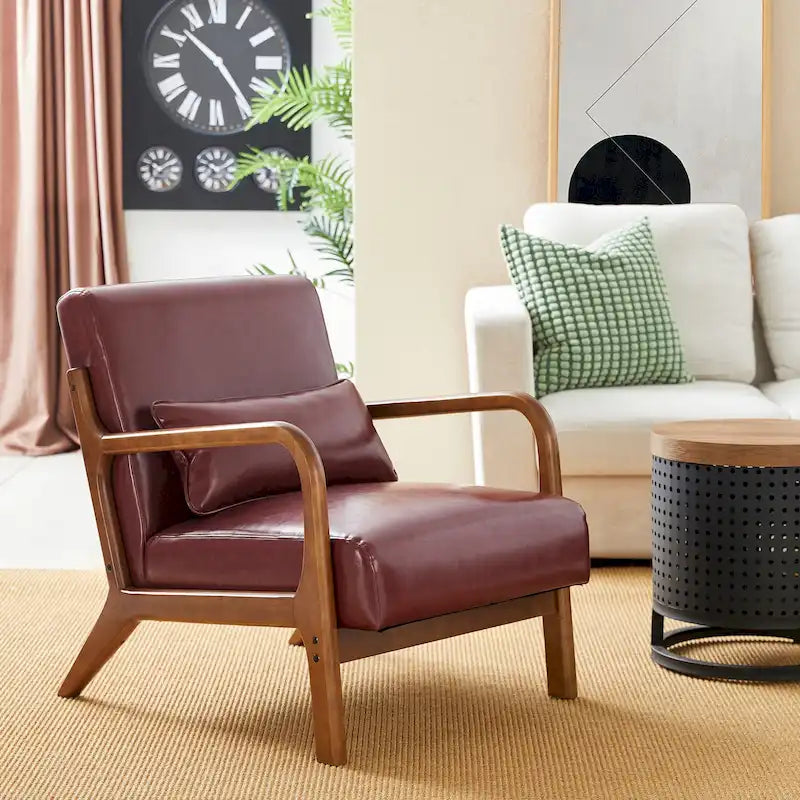 Glitzhome Polstersessel im Mid-Century-Modern-Stil aus PU-Leder mit Kissen – 25.75W x 33.75D x 30.75H