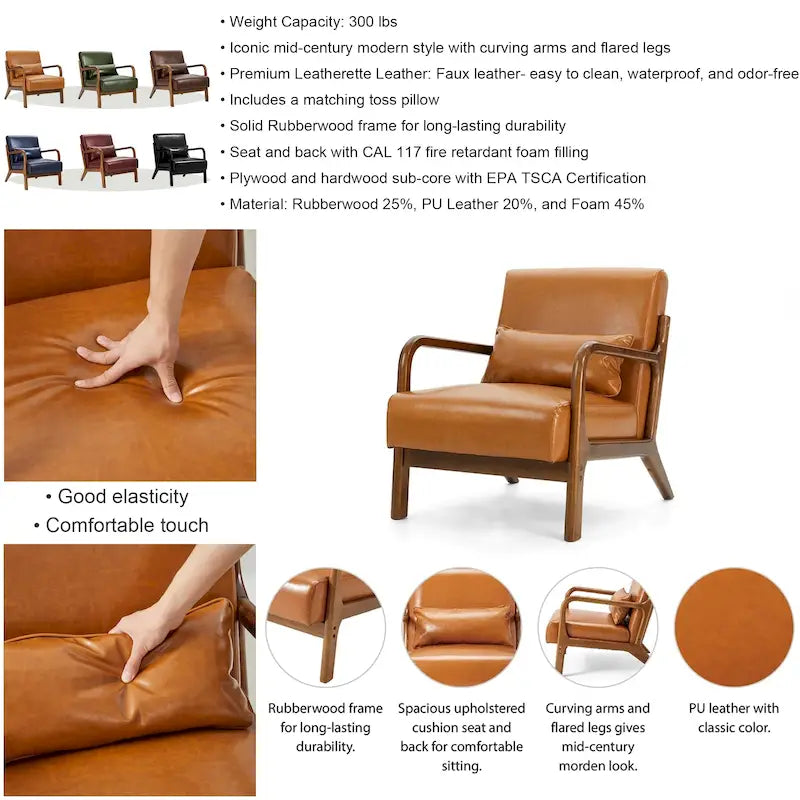 Glitzhome Polstersessel im Mid-Century-Modern-Stil aus PU-Leder mit Kissen – 25.75W x 33.75D x 30.75H