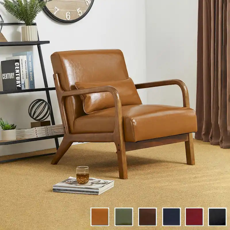 Glitzhome Polstersessel im Mid-Century-Modern-Stil aus PU-Leder mit Kissen – 25.75W x 33.75D x 30.75H