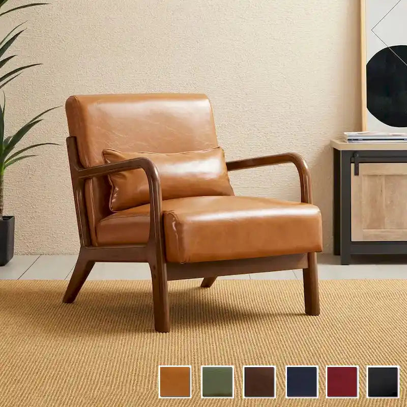 Glitzhome Polstersessel im Mid-Century-Modern-Stil aus PU-Leder mit Kissen – 25.75W x 33.75D x 30.75H