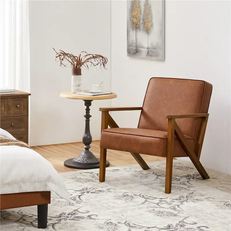 Yaheetech Faux Leather Accent Chair with Wood Legs for Living Room