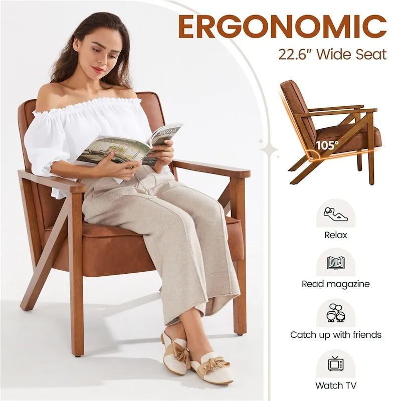 Yaheetech Faux Leather Accent Chair with Wood Legs for Living Room