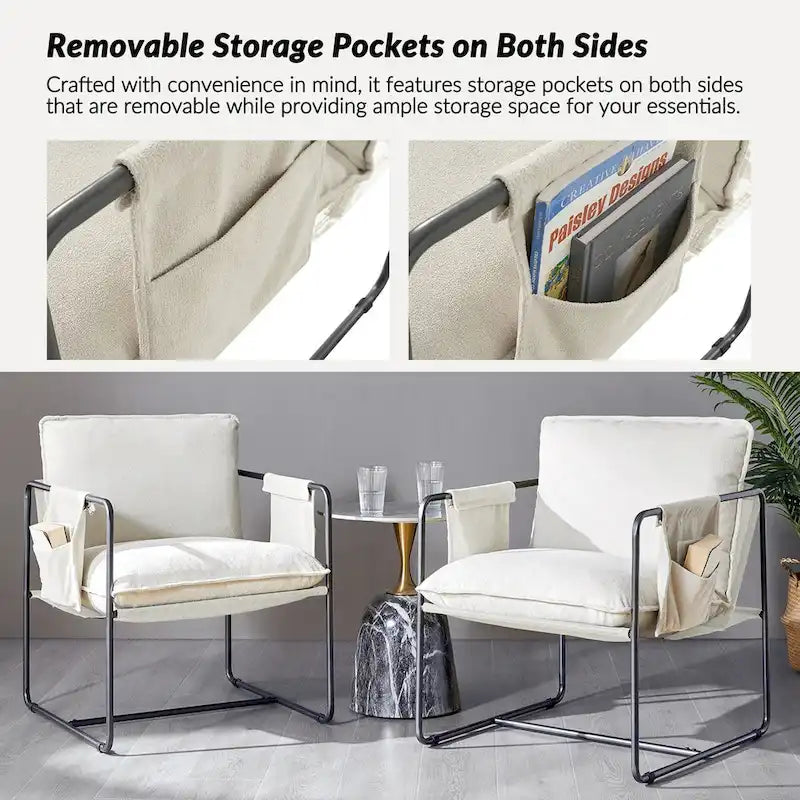 Rebeca Modern Metal Frame Arm Chair with Storage Pockets Set of 2 by HULALA HOME