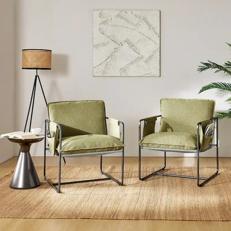 Rebeca Modern Metal Frame Arm Chair with Storage Pockets Set of 2 by HULALA HOME