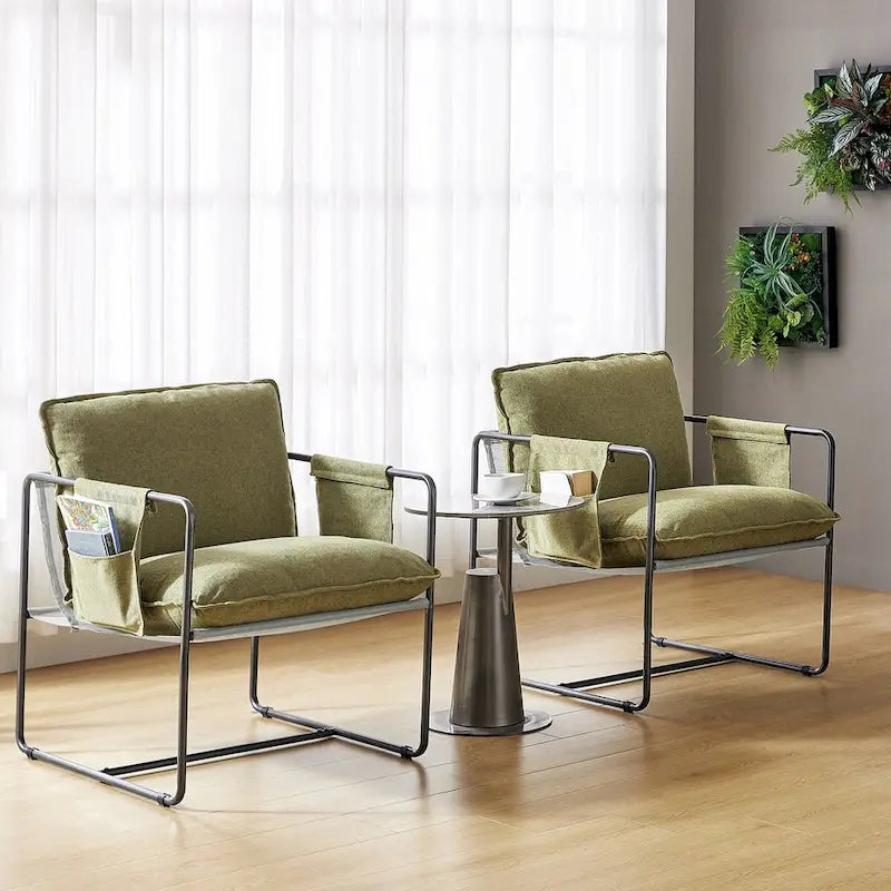 Rebeca Modern Metal Frame Arm Chair with Storage Pockets Set of 2 by HULALA HOME