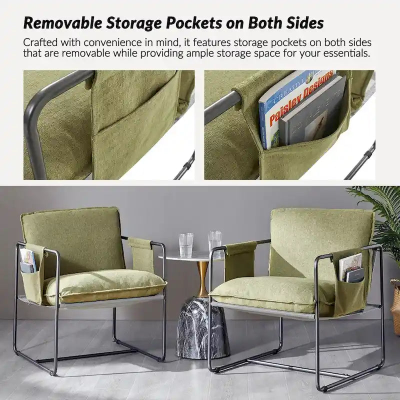 Rebeca Modern Metal Frame Arm Chair with Storage Pockets Set of 2 by HULALA HOME